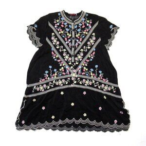 NWT Johnny Was Viola Tunic in Black Floral Embroidered Henley Blouse Top S $285
